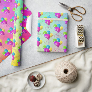 Birthday Balloons with Confetti On Rainbow Wrapping Paper