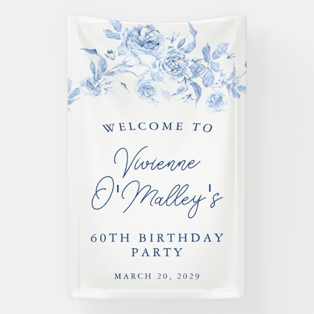 Birthday Banner 60th Birthday Party Blue Floral (Vertical)