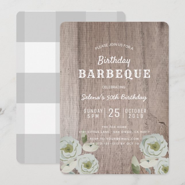 Birthday Barbeque BBQ Party Roses Wood Invitation (Front/Back)