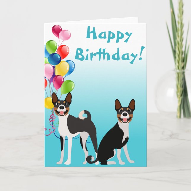 Birthday Basenji Hound Dog Animal with Balloons Card (Front)