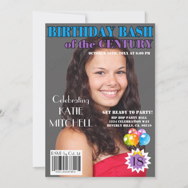 Birthday Bash Blue Purple Magazine Cover Any Age Invitation (Front)