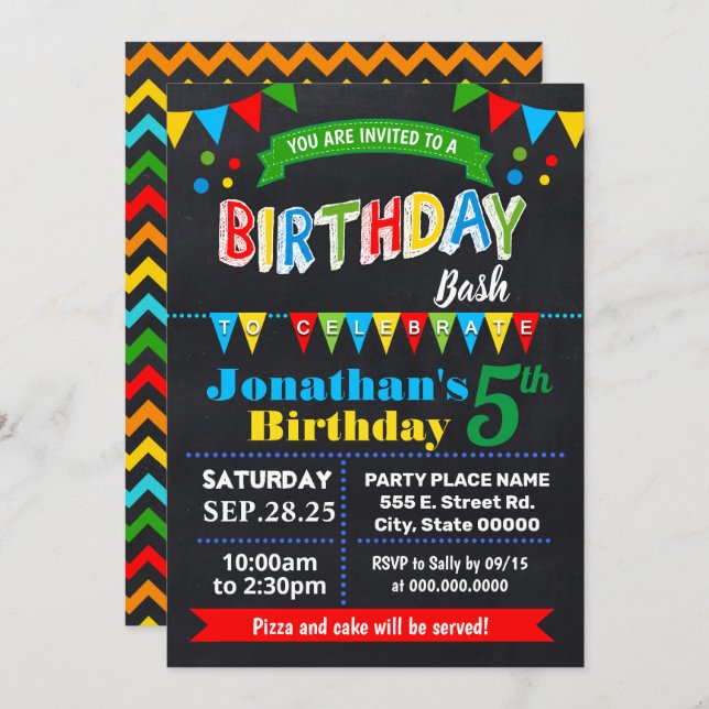 Birthday Bash chalkboard party Invitation (Front/Back)