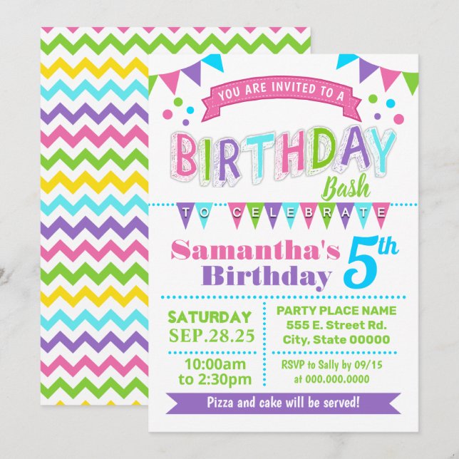 Birthday Bash Children Party Pink Teal Purple Invitation (Front/Back)
