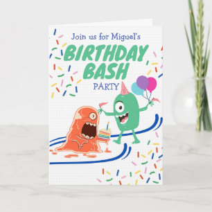 Birthday Bash Party with Funny Monsters and Cake Card