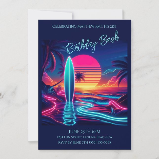 Birthday Bash-Sunset Surfboard Neon Lights- Invitation (Front)