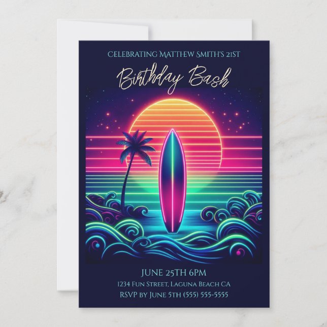 Birthday Bash- Surfing the Neon Sunset Invitation (Front)