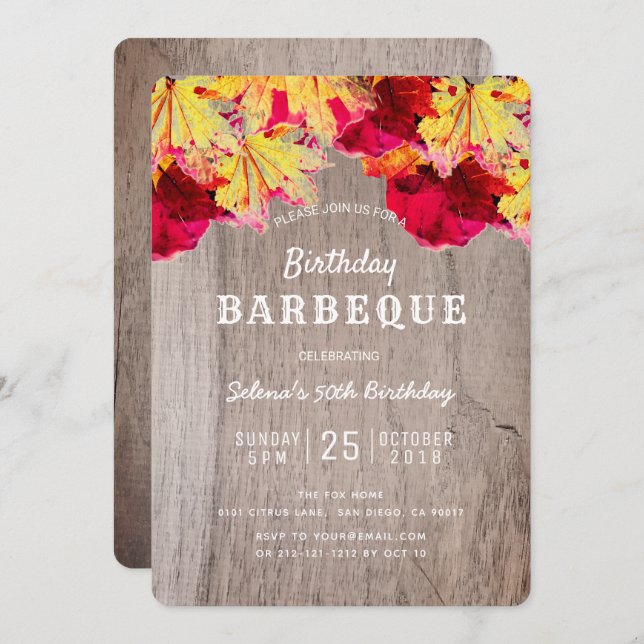 Birthday BBQ Party Fall Leaves Wood Invitation (Front/Back)