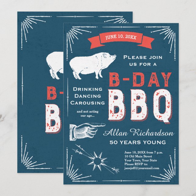 Birthday BBQ Party for 50th, 60th or 70th Birthday Invitation (Front/Back)