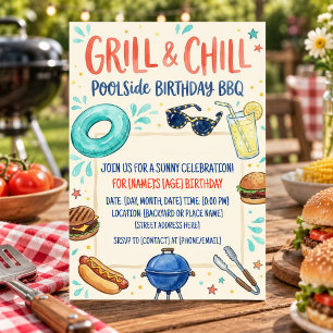 Birthday BBQ Summer Pool Party Burger Cookout Invitation