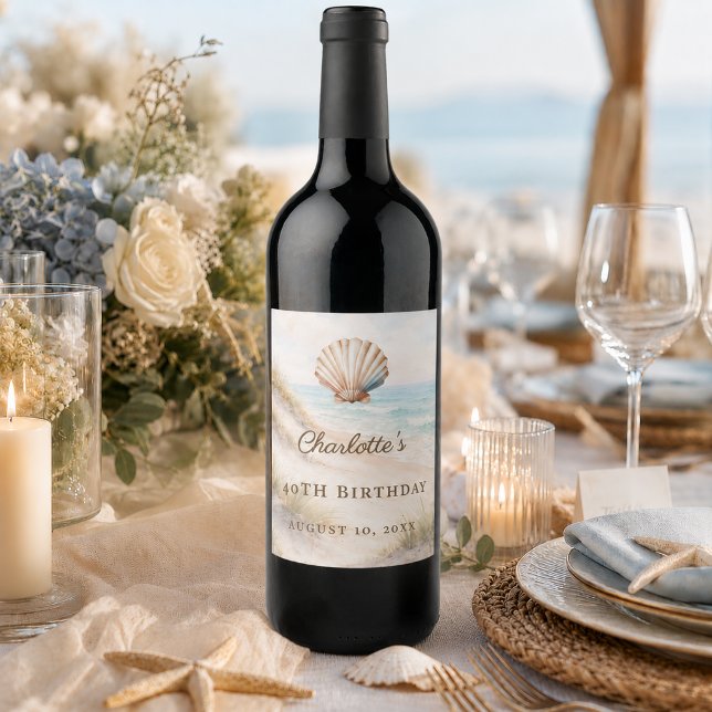 Birthday beach coastal shell wine label (Creator Uploaded)