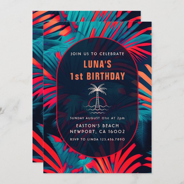 Birthday Beach party Palm tree leaves sunset Invitation (Front/Back)