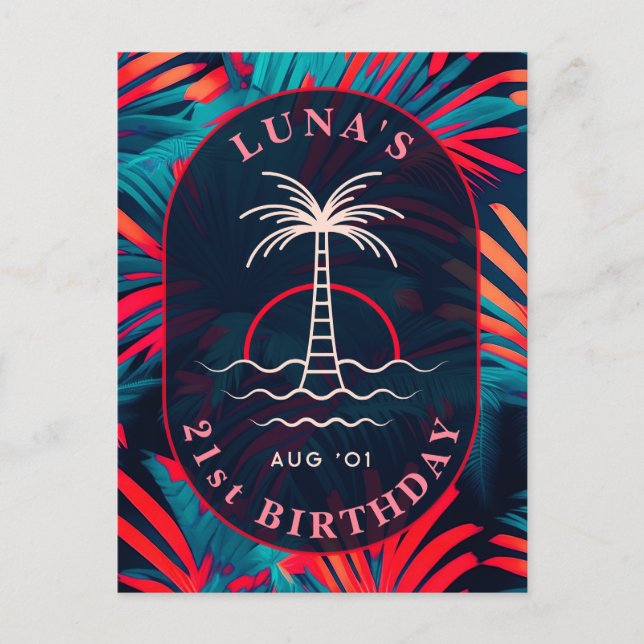 Birthday Beach party Palm tree leaves sunset Postcard (Front)