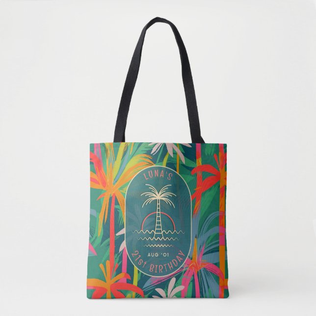 Birthday Beach party palm Tree sunset Watercolor Tote Bag (Front)