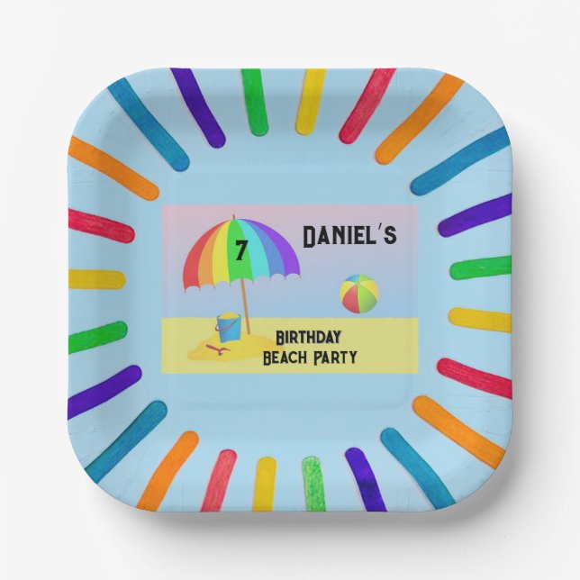 “Birthday Beach Party” Square Paper Plate (Front)