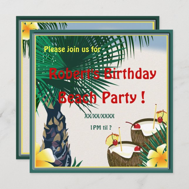 Birthday Beach Picnic Party Coconut Drink Invitation (Front/Back)