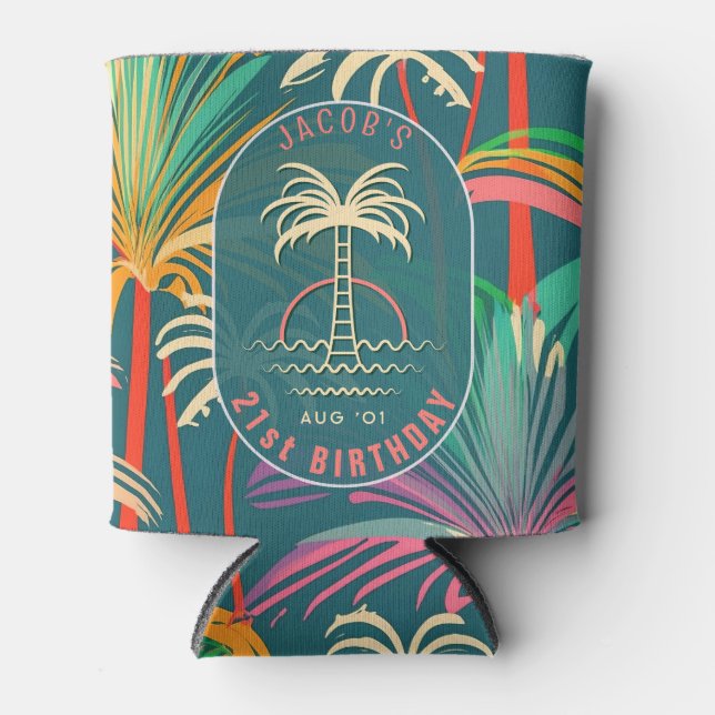 Birthday Beach tropical palm Tree beach sunset Can Cooler (Front)