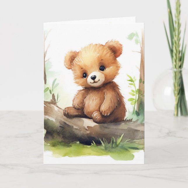 Birthday Bear Cub On Log Card (Front)