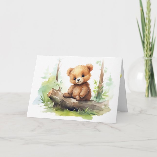 Birthday Bear Cub On Log Card (Front)