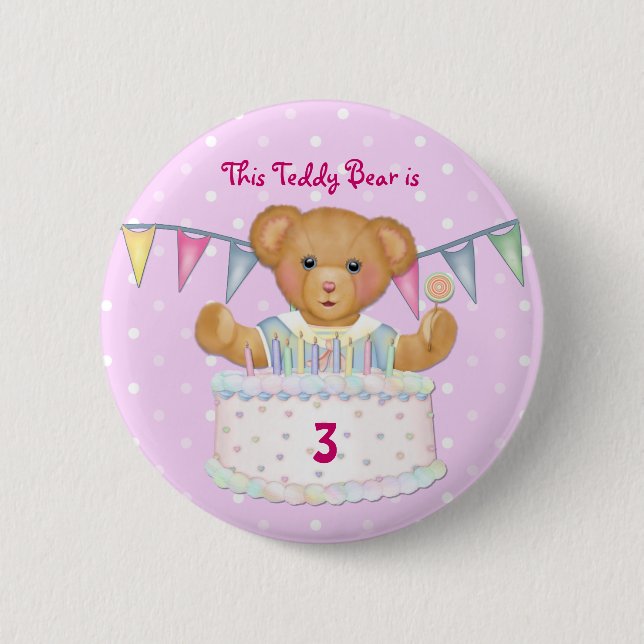 Birthday Bear Girl - Third - Customise Date 6 Cm Round Badge (Front)