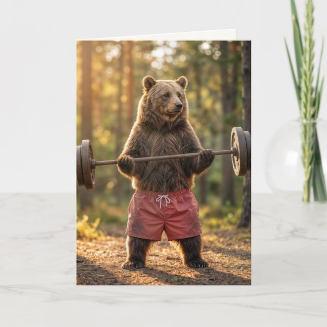 Birthday Bear Lifting Weights In a Sunny Forest Card (Front)
