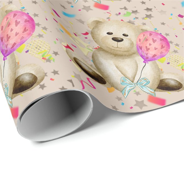 Birthday Bear & Pink Balloon Wrapping Paper (Roll Corner)