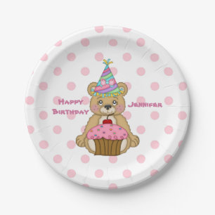Birthday Bear Pink Cupcake Polkadot Personalised Paper Plate