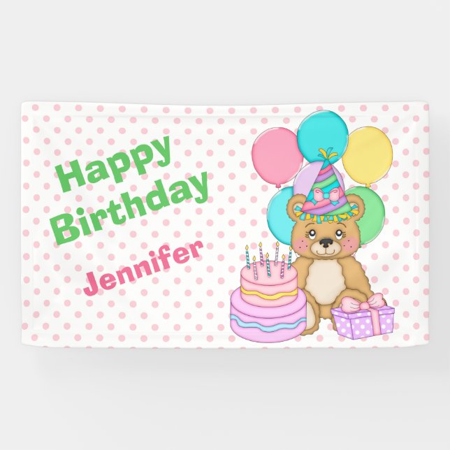 Birthday Bear Pink Polkadot Party Banner (Horizontal)