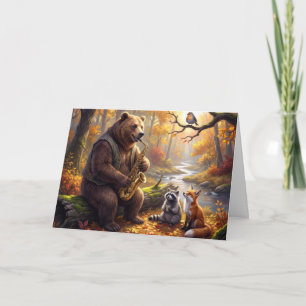 Birthday Bear Playing a Saxophone in Autumn Forest Card