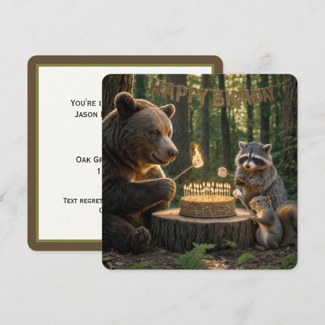 Birthday Bear Roasting Marshmallows on a Cake Invitation (Front/Back)