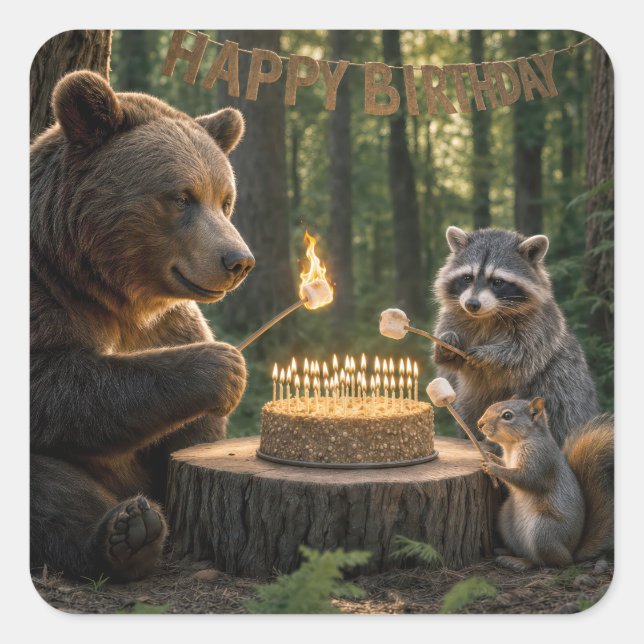 Birthday Bear Roasting Marshmallows on a Cake Square Sticker (Front)