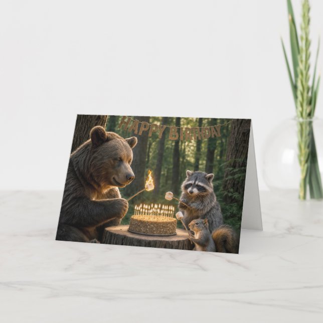 Birthday Bear Roasting Marshmallows Over a Cake Card (Front)