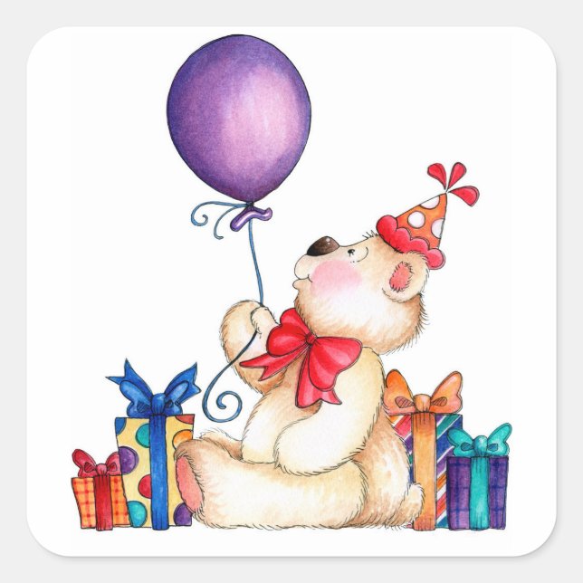 Birthday Bear with Balloon Square Sticker (Front)