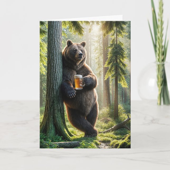 Birthday Bear With Beer In Woods Card (Front)