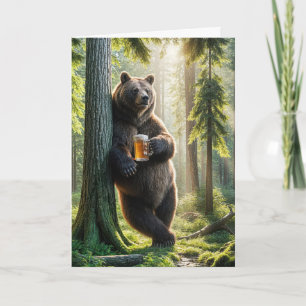 Birthday Bear With Beer In Woods Card