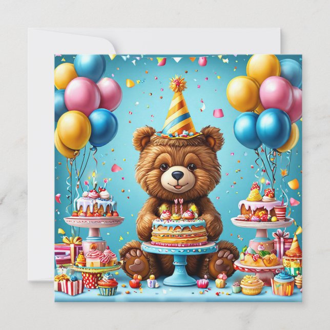 Birthday bear with cake and balloons invitation (Front)