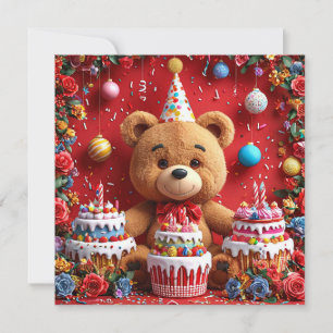 Birthday bear with cake and balloons invitation