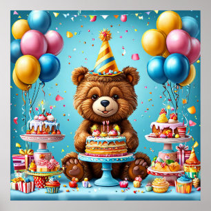 Birthday bear with cake and balloons poster