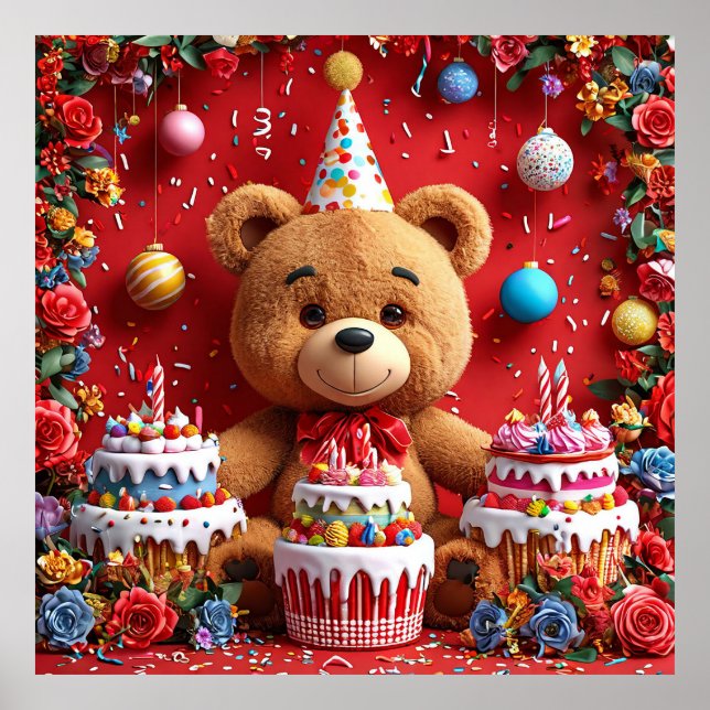 Birthday bear with cake and balloons poster (Front)