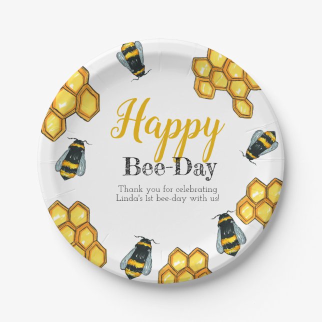 Birthday bee theme one year old kid party paper plate (Front)