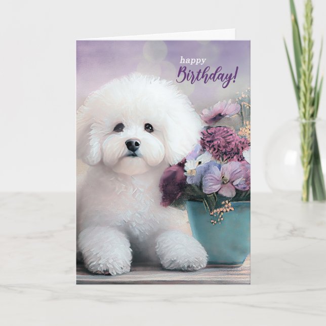 Birthday Bichon Frise Dog with Purple Flowers Card (Front)