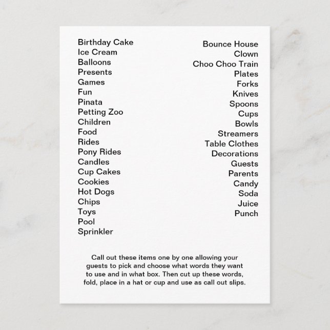 Birthday Bingo Card Call Out Words (Front)