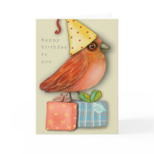 Birthday Bird Sitting on Presents (Blank Inside)