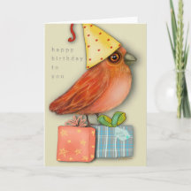 Birthday Bird Sitting on Presents (Blank Inside)