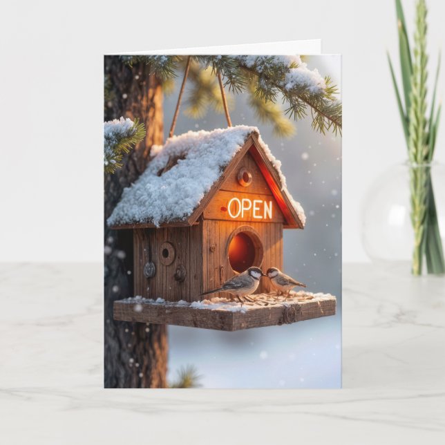 Birthday Birdhouse With Neon Open Sign Card (Front)