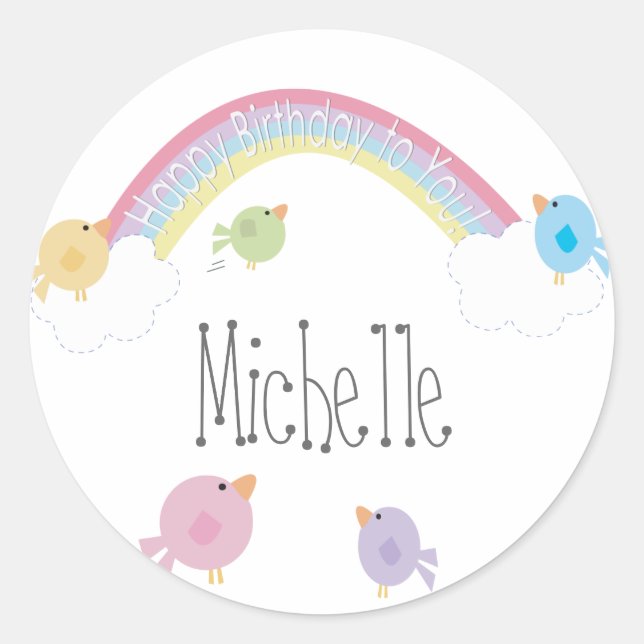 Birthday Birds Personalised Name Cupcake Topper Classic Round Sticker (Front)