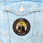 Birthday bistre brown photo man myth legend 3 cm round badge<br><div class="desc">A trendy bistre,  brown background.   Text: The Man,  The Myth,  The Legend. Personalise and add his name,  age and photo.</div>