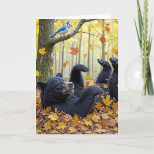 Birthday Black Bear Rolling In Autumn Leaves Card