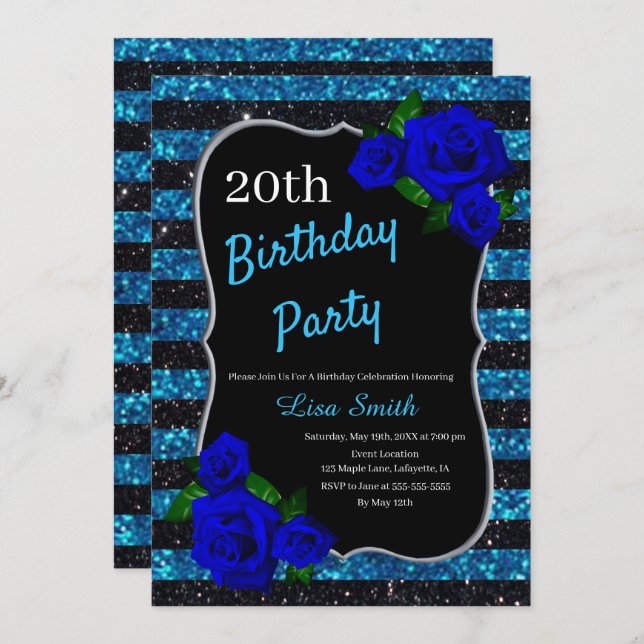 Birthday Black Blue Stripes Glitter Deep Blue Rose Invitation (Front/Back)