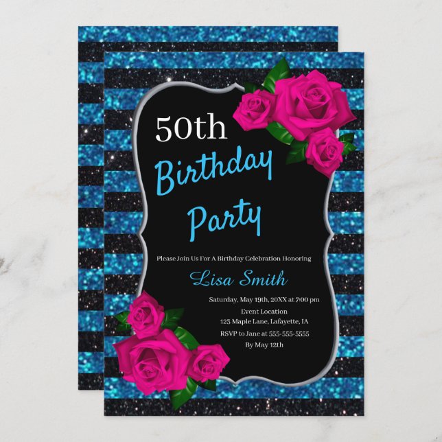 Birthday Black Blue Stripes Glitter Pink Roses Invitation (Front/Back)