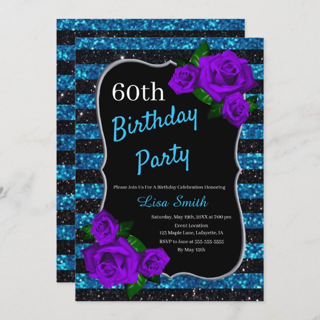 Birthday Black Blue Stripes Glitter Purple Roses Invitation (Front/Back)